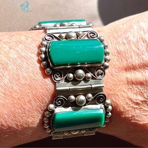 Gorgeous Vintage Large Mexican Silver and Green Glass Panel Bracelet